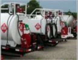 top mounted pump on a 500 gallon tank, viewed from rear, showing various hoses, reels and dispenser combinations